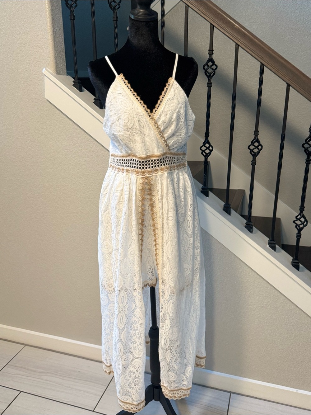 White Lace Spaghetti-Strap Midi jumpsuit with Crochet Trim